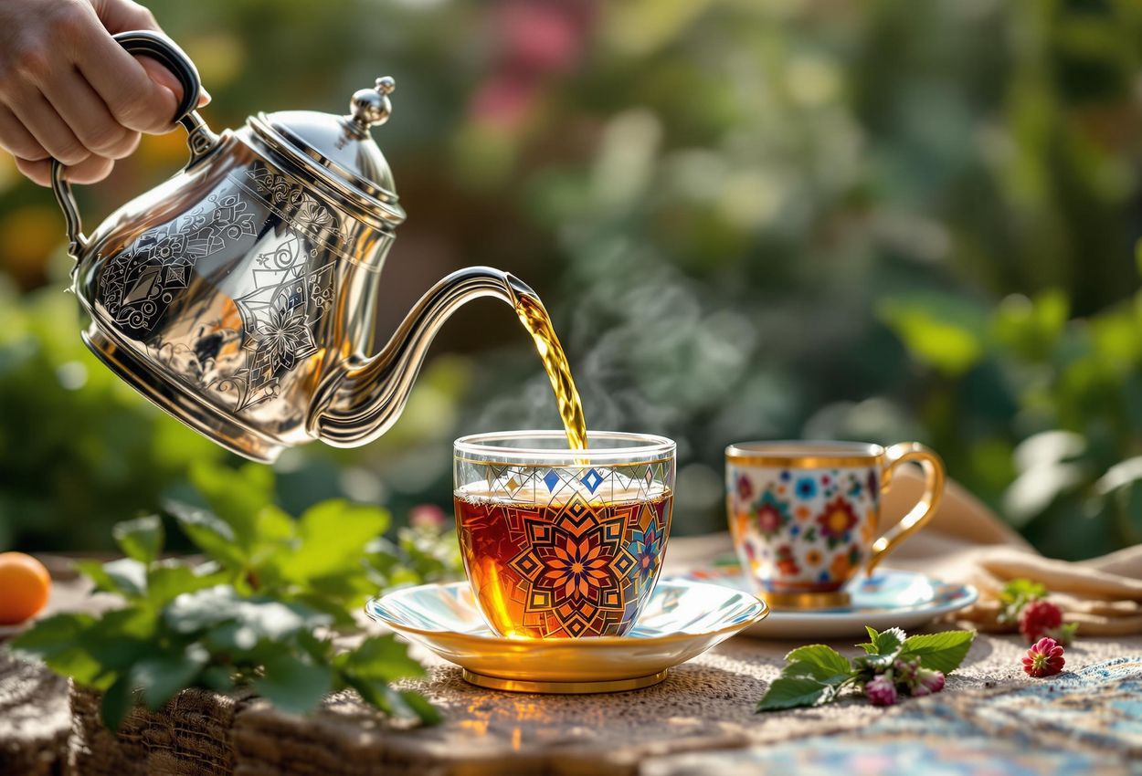 A close-up photograph captures the moment of traditional Moroccan mint tea being poured into a decorative glass, set against a backdrop of a vibrant Moroccan garden.