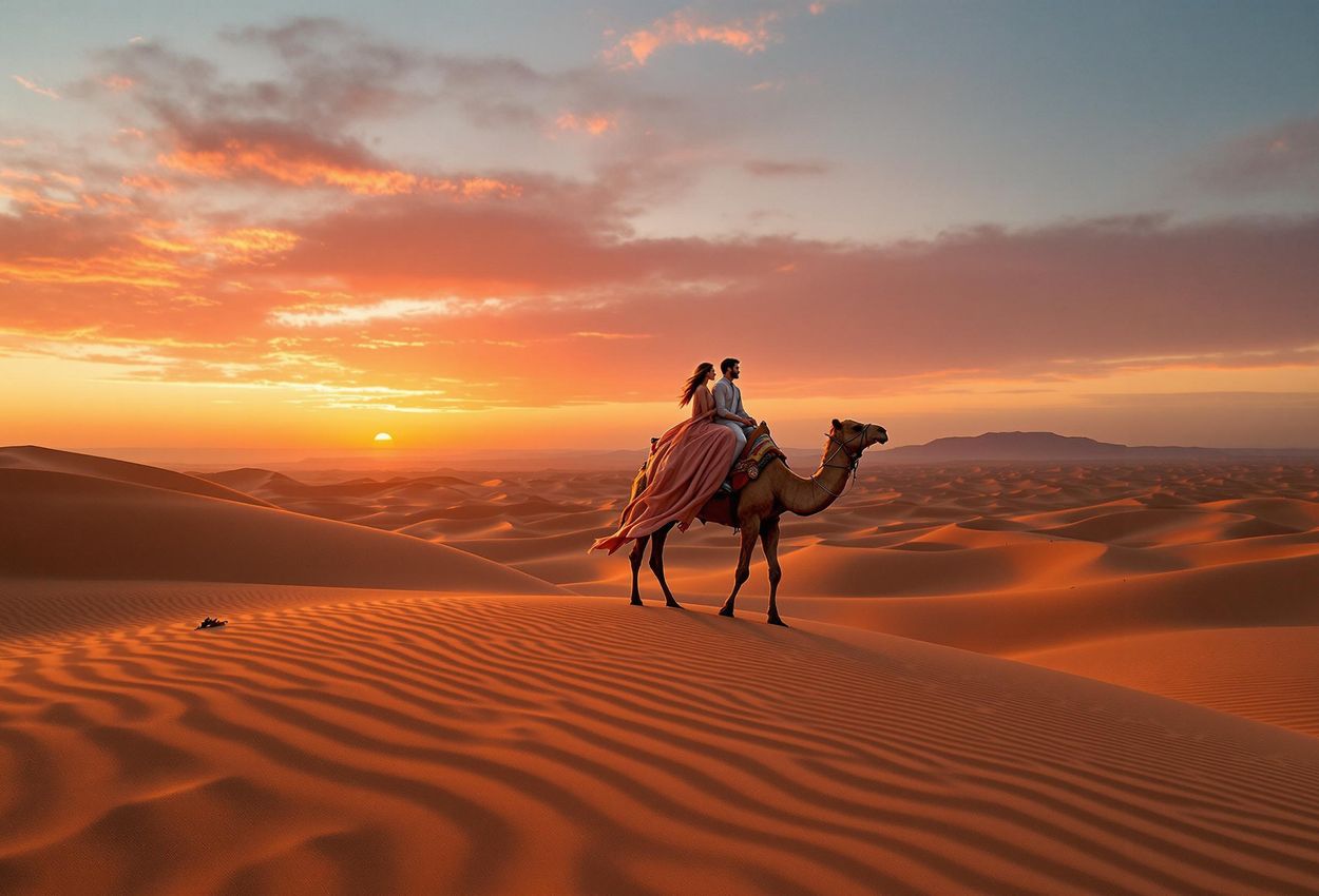 A stunning photograph of a couple silhouetted against a vibrant sunset while riding camels across the Sahara Desert. The image captures the beauty and solitude of the desert landscape.
