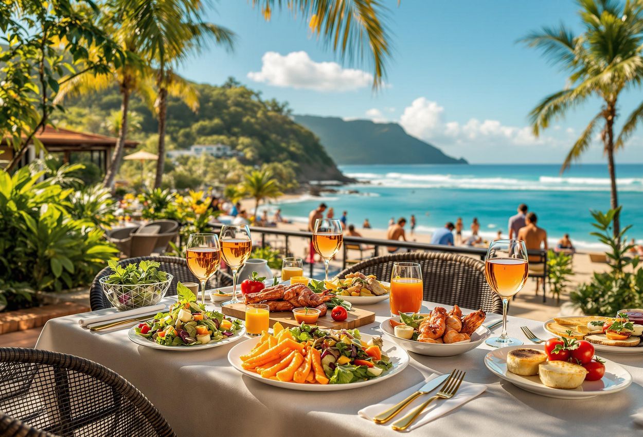A scenic photograph capturing the vibrant atmosphere of Shambala Restaurant at Hotel Tropico Latino in Costa Rica, showcasing its beachfront dining experience, sustainable cuisine, and stunning ocean views.