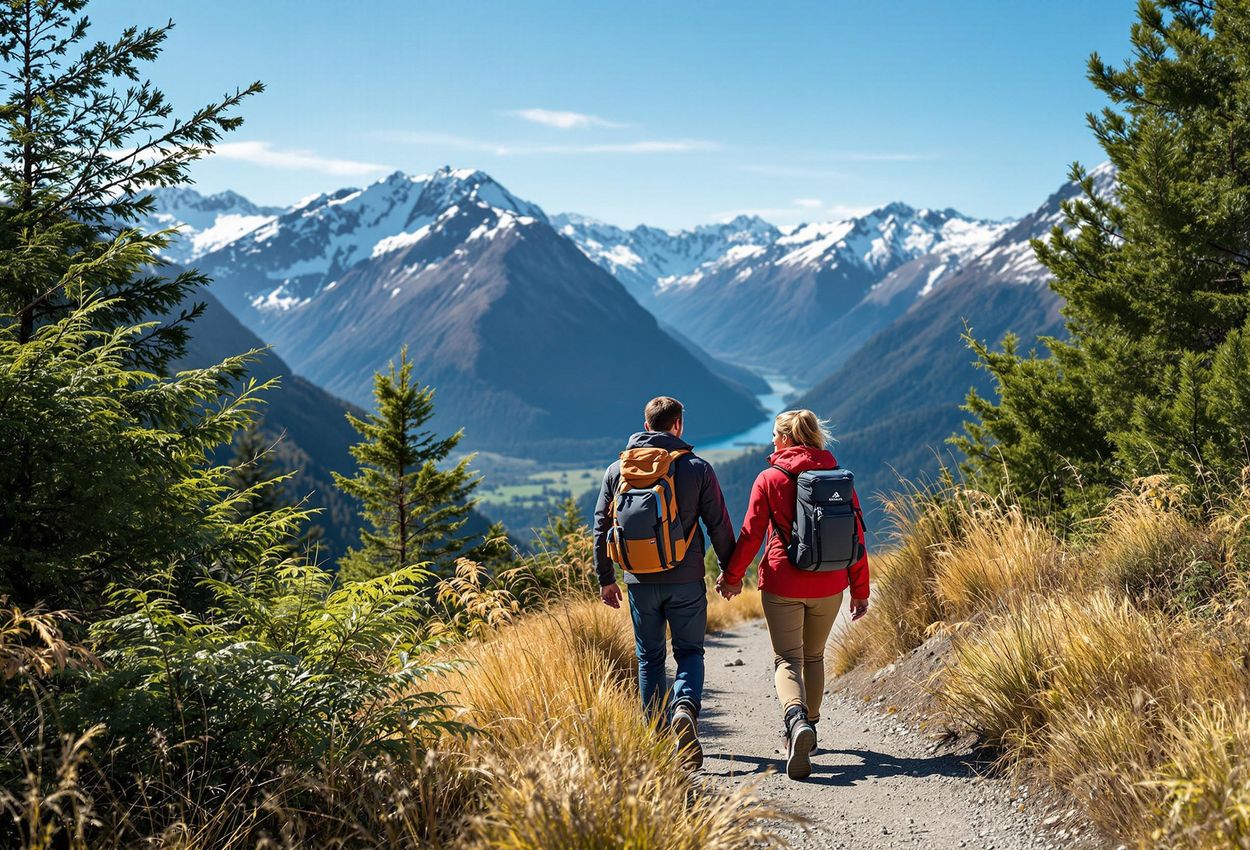 A photograph captures a couple hiking hand-in-hand through a stunning New Zealand landscape, featuring snow-capped mountains and lush forests.