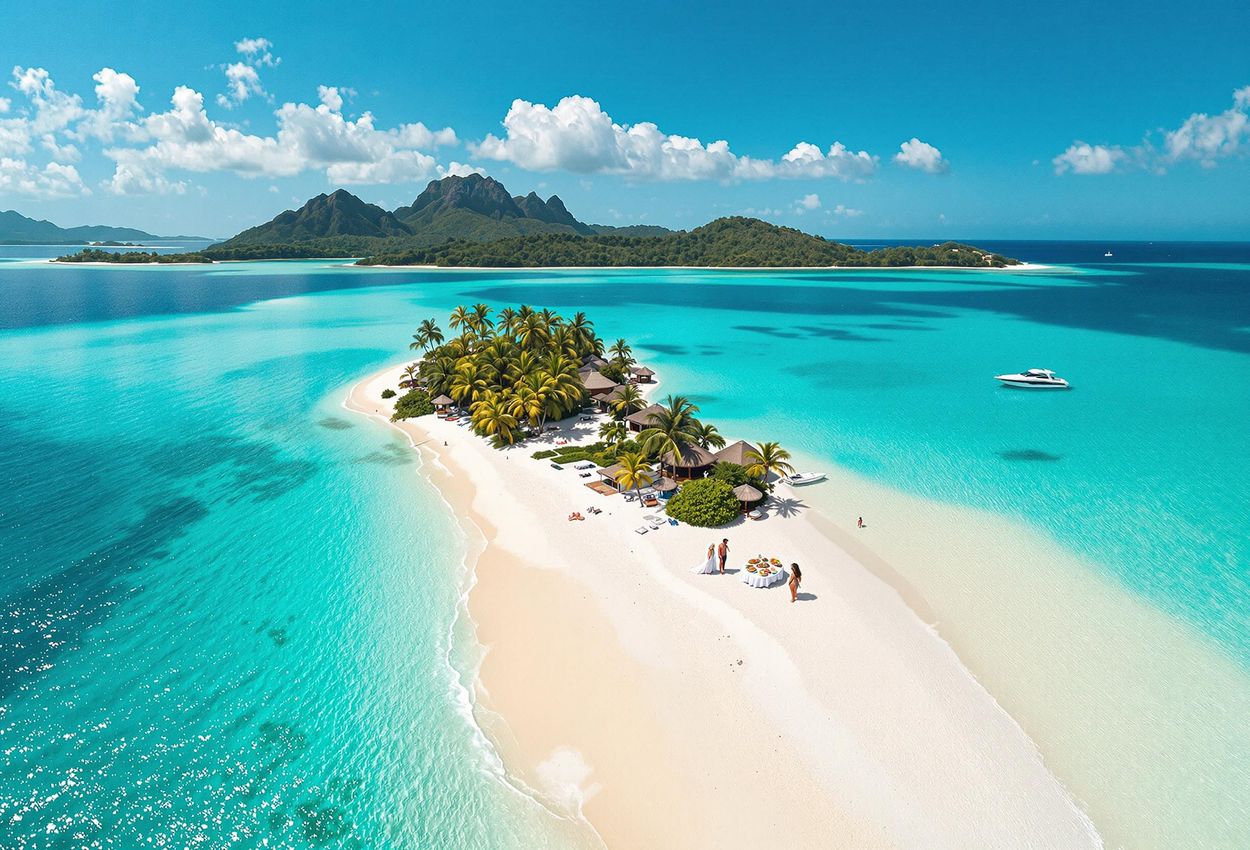 An aerial photograph captures the stunning beauty of Vomo Island, Fiji, featuring white-sand beaches, crystal-clear waters, and a private picnic on Vomo Lailai.