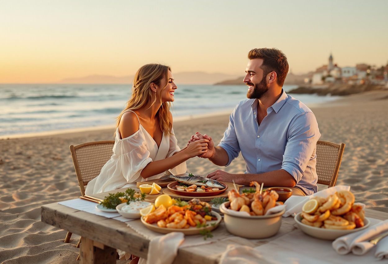 A couple enjoys a romantic seafood meal on a beach in Essaouira, Morocco, at sunset. The table is set on the sand, with a view of the ocean and the Skala de la Kasbah in the distance. The dishes include grilled fish, seafood tagine, and fried calamari.