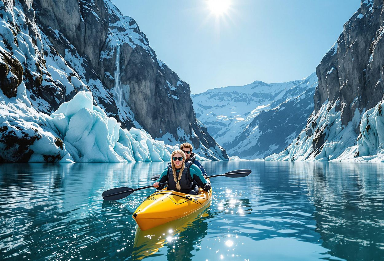 A stunning photograph of a couple kayaking in Norway