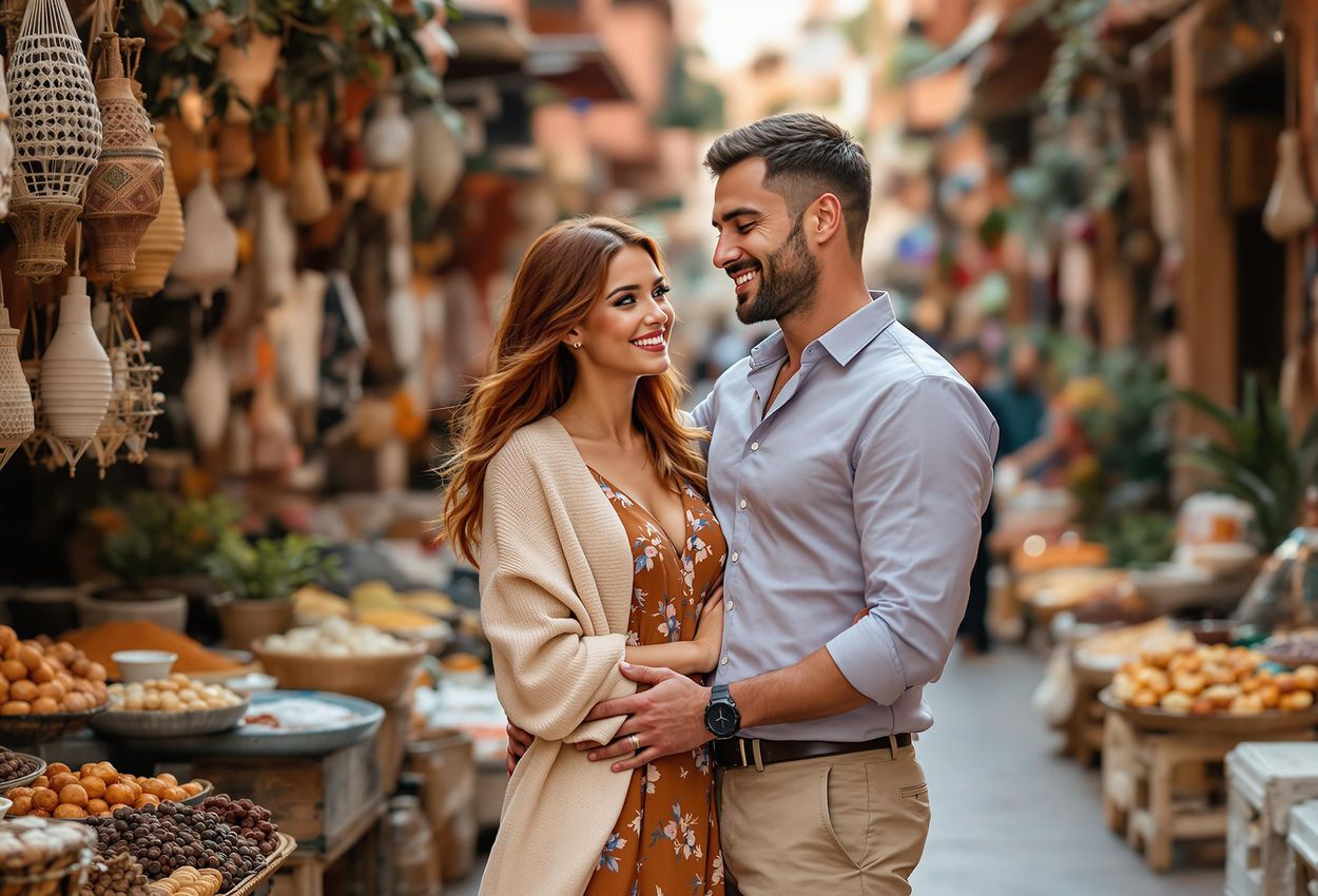 A captivating photograph of a couple embracing in the heart of Marrakech