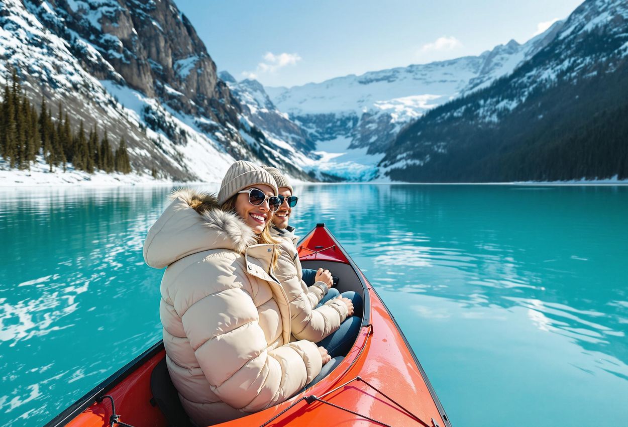 A photograph of a couple peacefully canoeing on the turquoise waters of Lake Louise, with the majestic Victoria Glacier in the background.