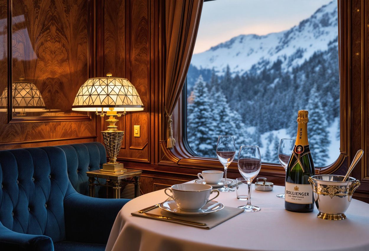 A photograph showcasing the opulent interior of a cabin on the Venice Simplon-Orient-Express, featuring fine dining and a snow-dusted alpine view at dusk.