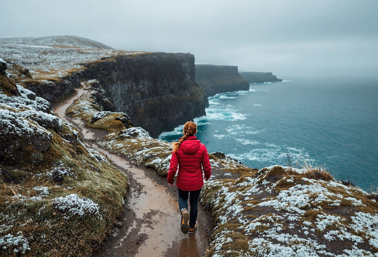 A photograph of a couple hiking hand-in-hand along a trail with stunning views of dramatic cliffs and the ocean in the Faroe Islands.
