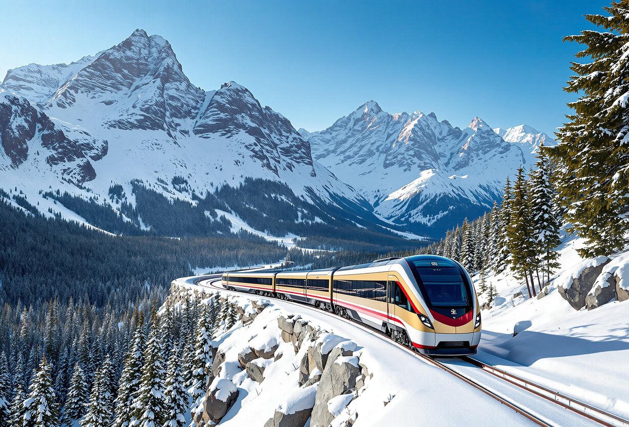 A stunning photograph capturing the Rocky Mountaineer GoldLeaf Service train winding through a snow-covered winter landscape in the Canadian Rockies. Majestic mountains and dense forests create a breathtaking scene.