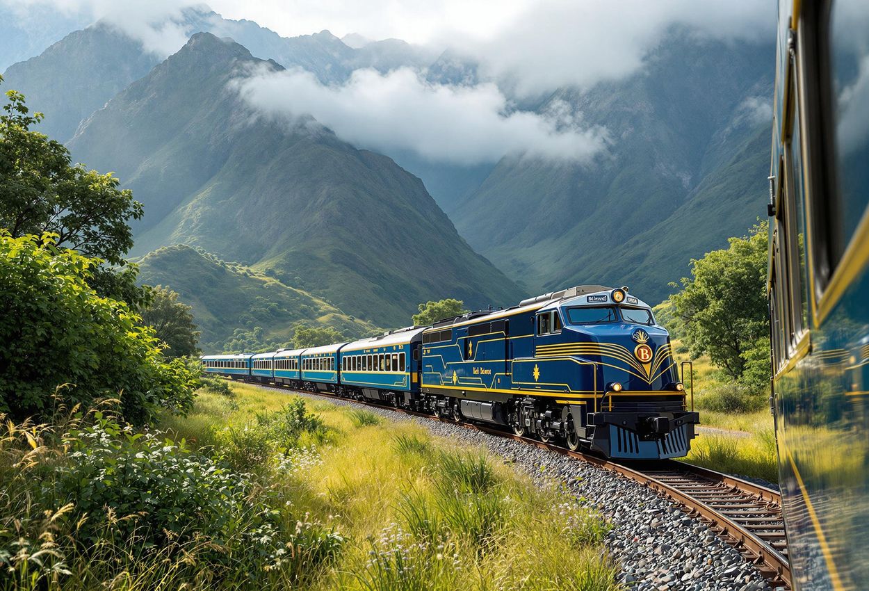 A photograph of the Belmond Hiram Bingham train traveling through the lush Sacred Valley in Peru, with towering mountains in the background.