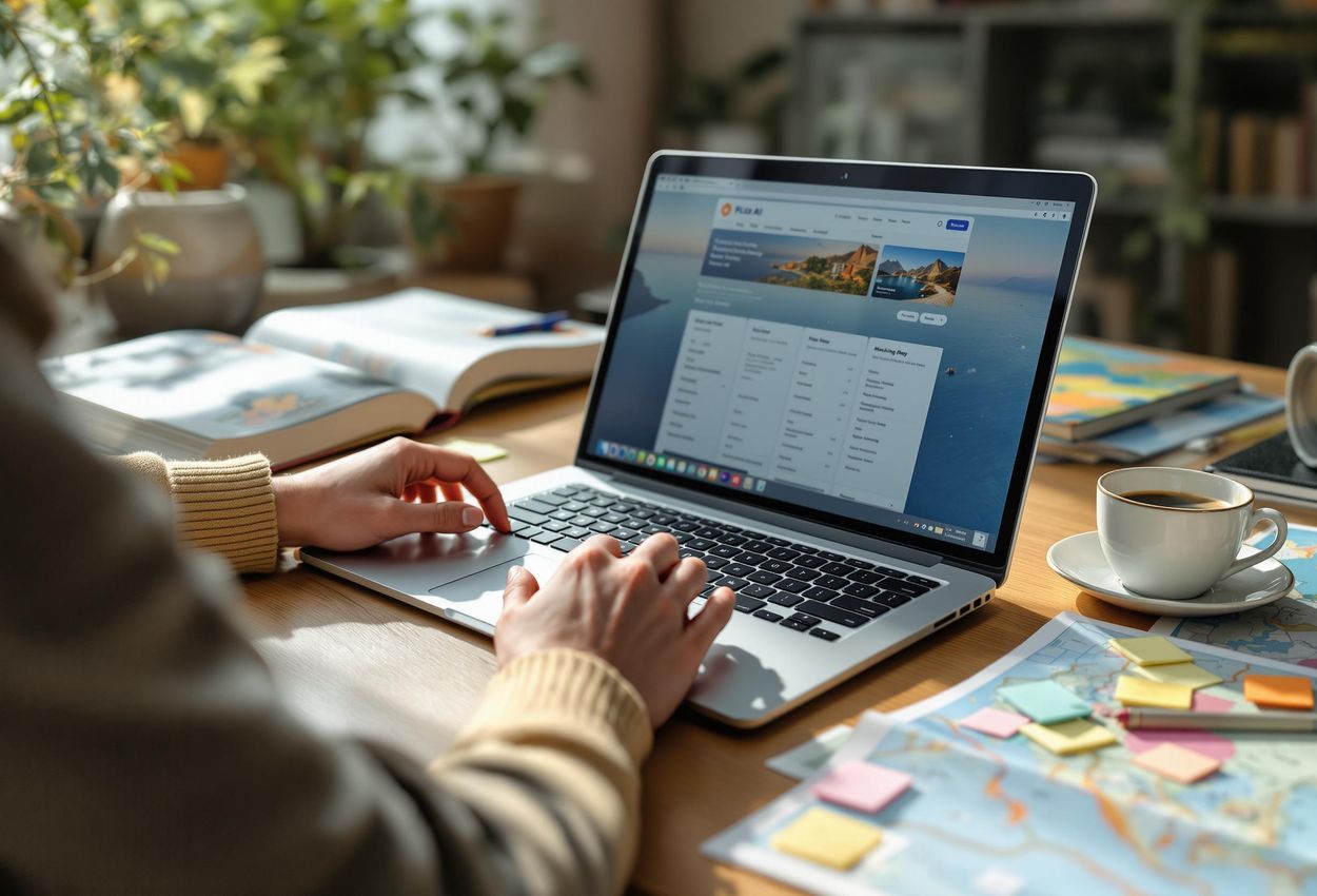 A detailed close-up captures a person meticulously planning a surprise trip on a laptop, surrounded by travel guides and maps in a warm, inviting home office.