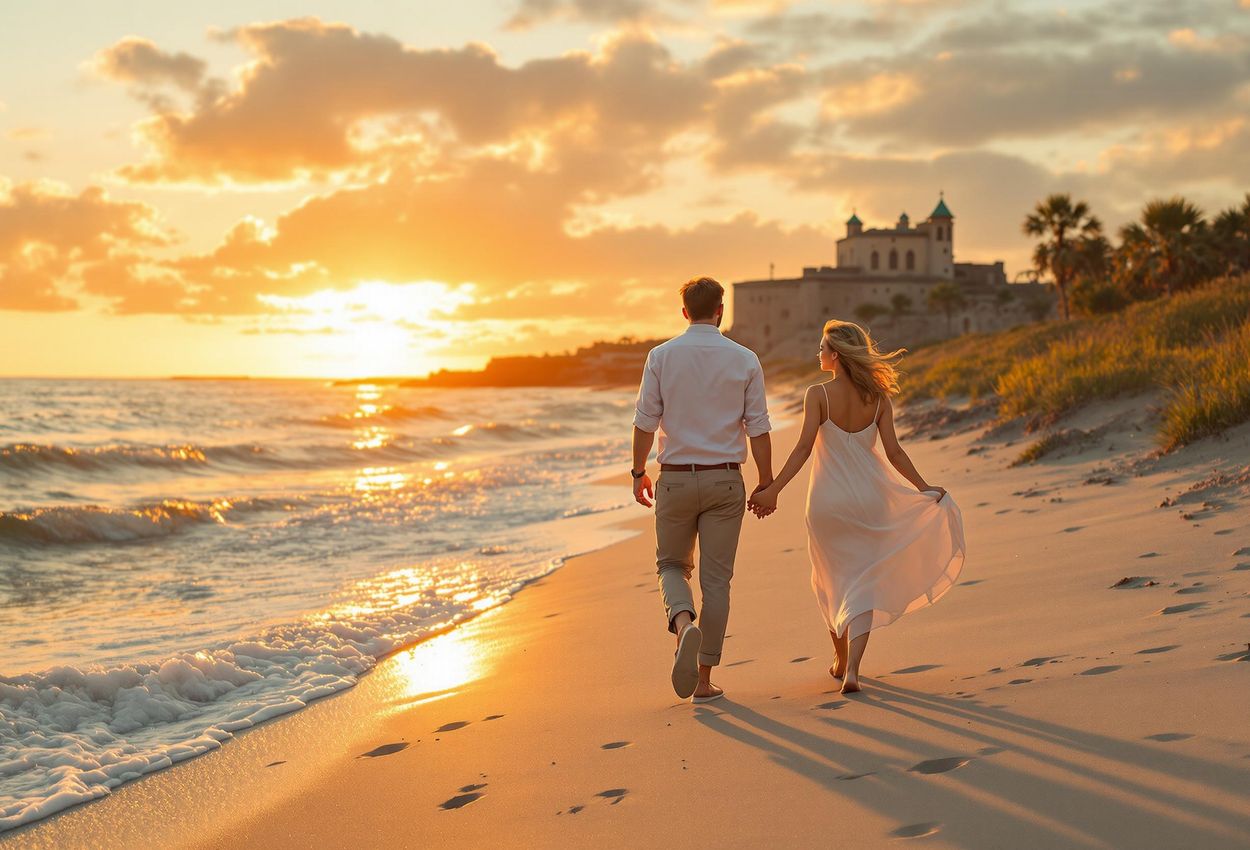 A photograph captures a couple walking hand-in-hand on St. Augustine Beach at sunset, with the Castillo de San Marcos visible in the distance.