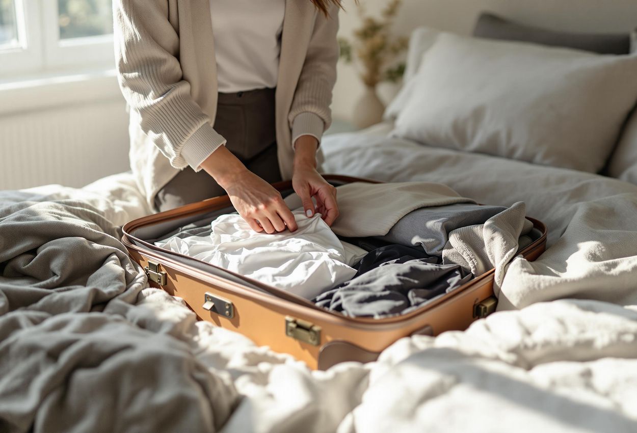 A woman is carefully packing a suitcase with neutral-colored clothing, preparing for a stylish and efficient trip.