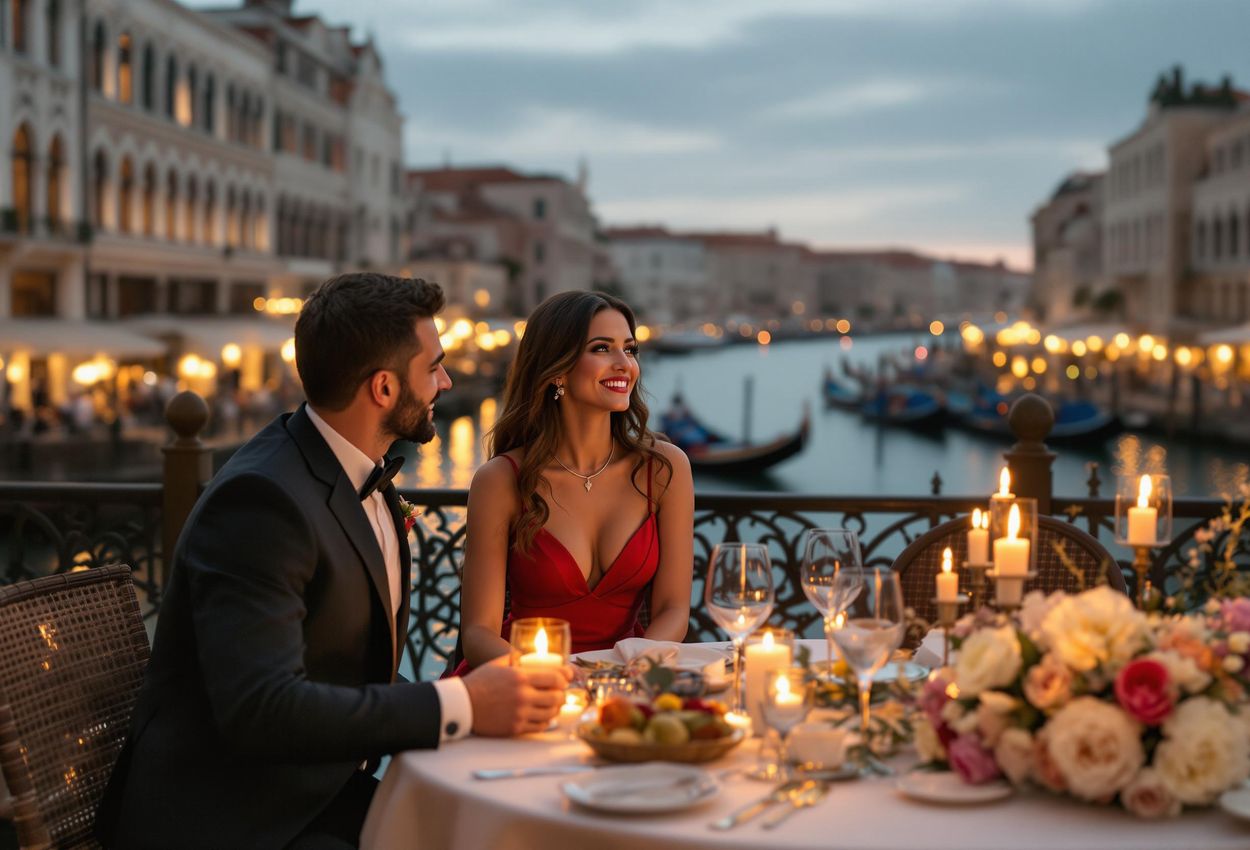 A captivating photograph of a couple enjoying a romantic candlelit dinner in Venice, Italy, with gondolas gliding along the canal at sunset.