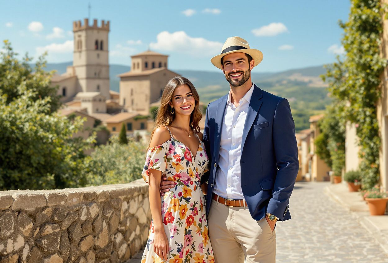 A photograph of a stylish couple posing in front of the scenic backdrop of San Gimignano, Italy. The woman is wearing a flowy maxi dress, and the man is wearing chinos and a blazer. They are both smiling and looking at the camera.