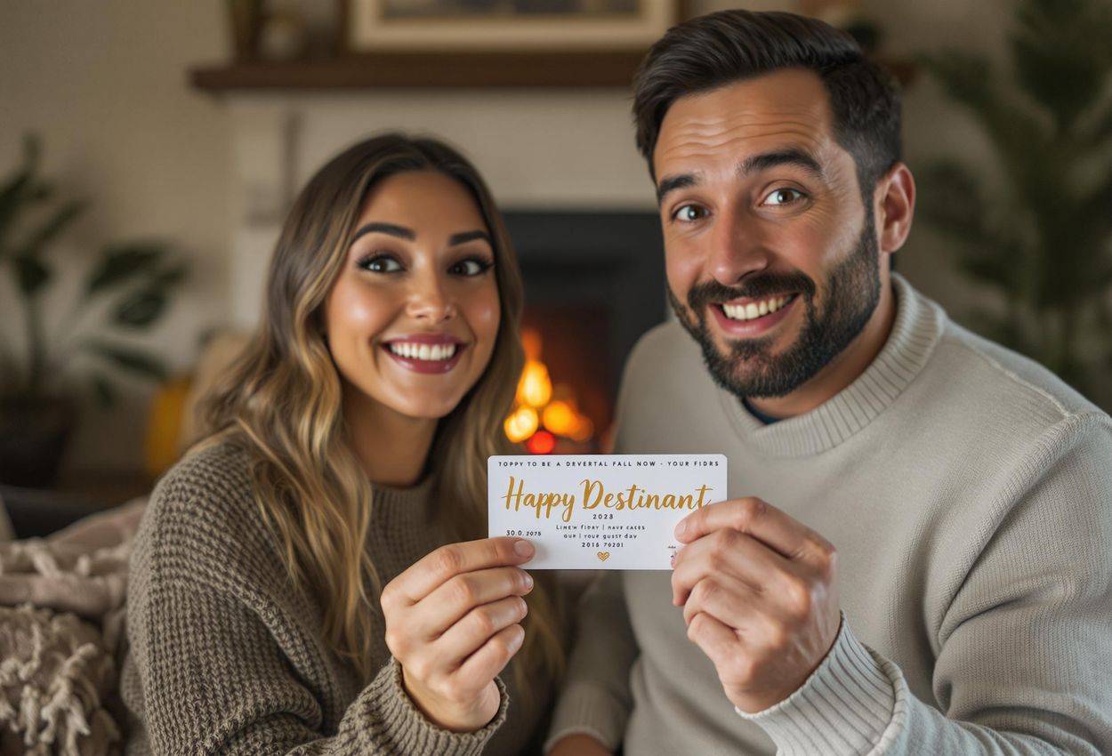 A couple shares a heartwarming moment as one partner presents the other with a surprise boarding pass in a beautifully lit, cozy living room.
