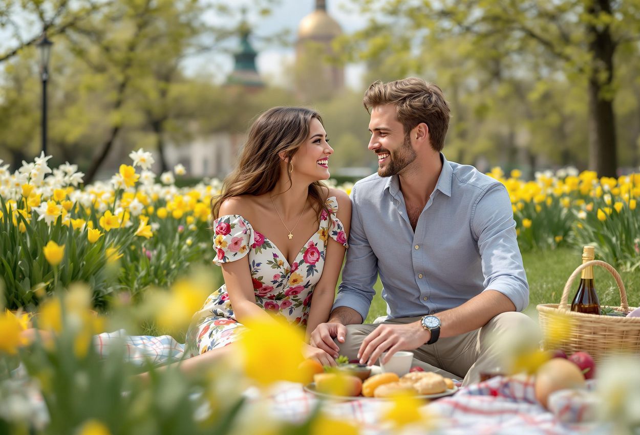 A photograph capturing a romantic couple enjoying a picnic in Krakow