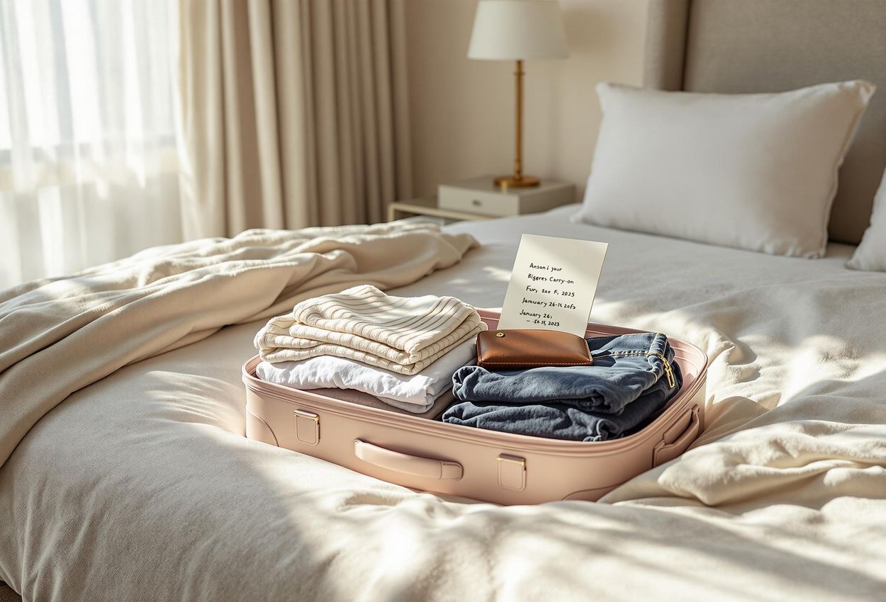 A meticulously packed suitcase sits on a bed, filled with stylish clothing, toiletries, and travel documents, ready for a surprise getaway.