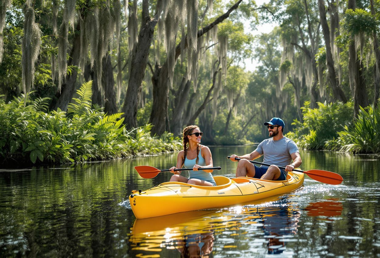 A couple enjoys a peaceful kayak trip through a scenic cypress swamp in New Iberia, Louisiana, surrounded by towering trees and lush greenery.