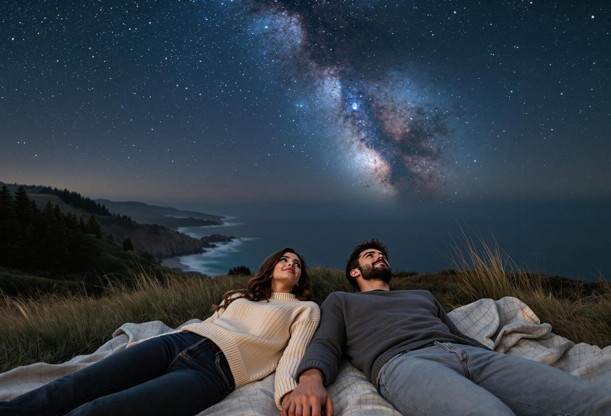 A captivating photograph of a couple stargazing in Big Sur, California, under a clear night sky filled with the Milky Way. The image captures the romance and awe of the moment.