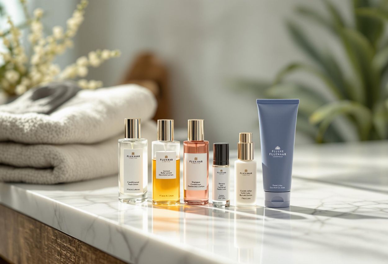 A photograph showcasing a collection of travel-sized luxury toiletries neatly arranged on a marble bathroom counter, emphasizing stylish and efficient travel preparation.