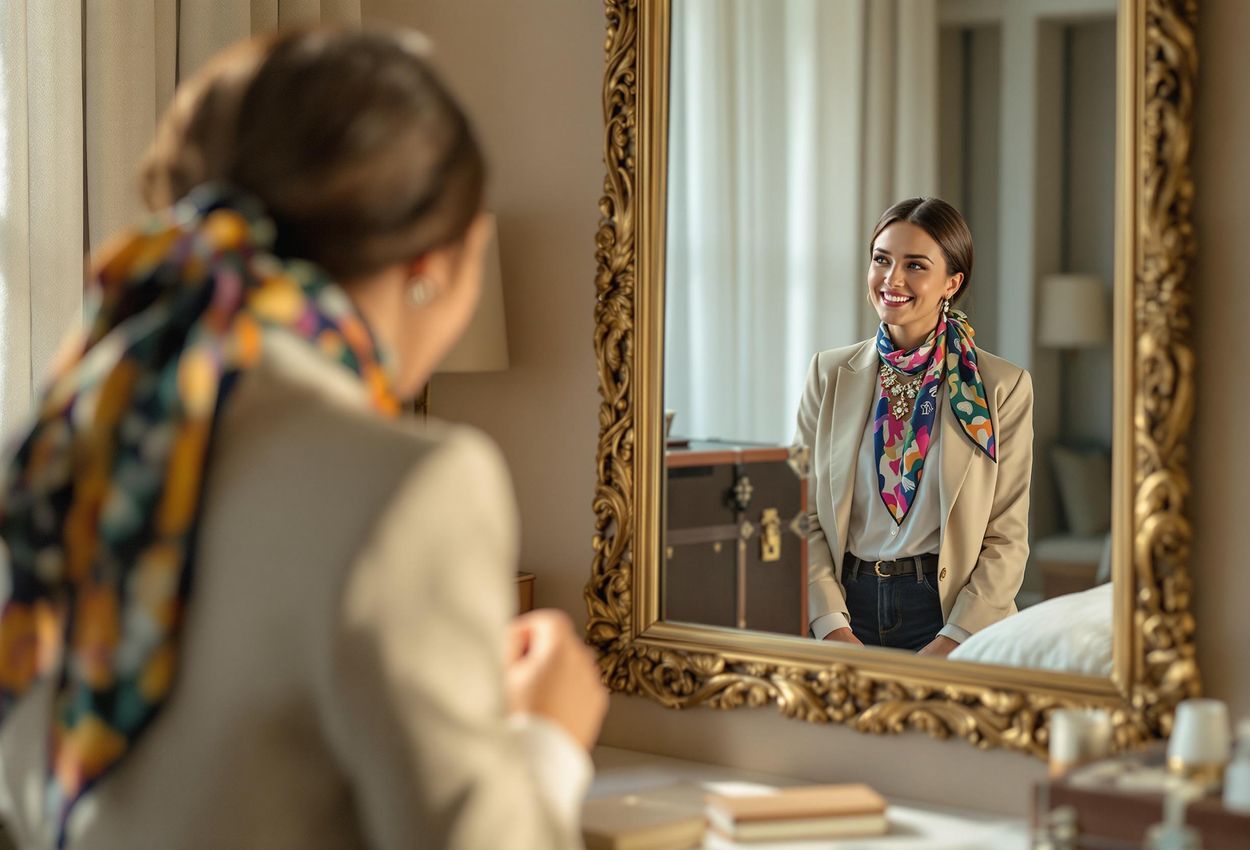 A photograph of a woman accessorizing her outfit with a statement necklace and silk scarf in a well-lit, fashionable hotel suite, exuding confidence and style.