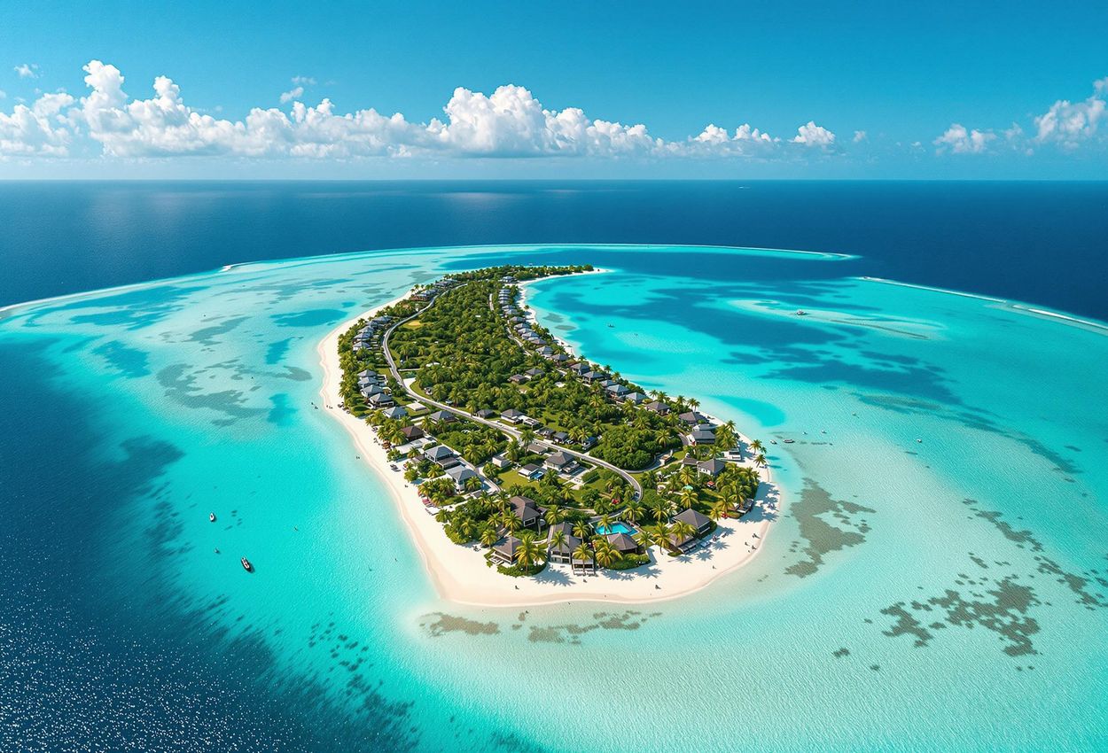 An aerial photograph showcasing the stunning natural beauty of Tetiaroa Atoll in French Polynesia, with its vibrant turquoise lagoon, lush green motus, and surrounding coral reef.
