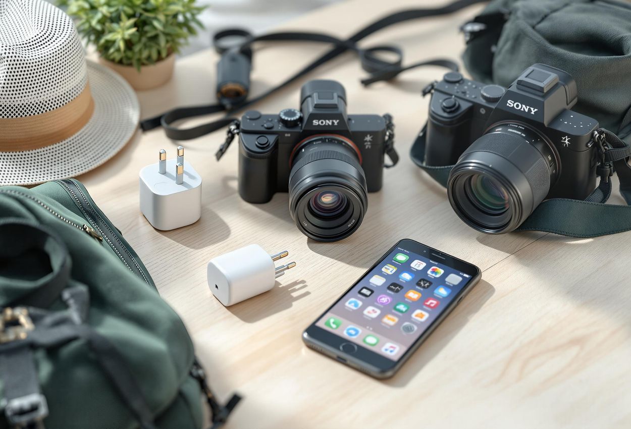 A photograph showcasing essential travel tech gear, including a camera, portable charger, universal adapter, and smartphone, neatly arranged on a wooden table.