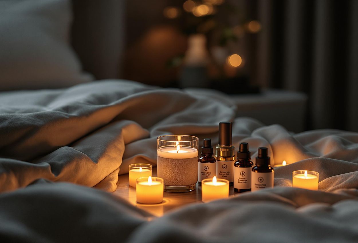 A cozy hotel room scene featuring soft candlelight, essential oils, and a Bluetooth speaker, creating a perfect romantic atmosphere for a getaway.