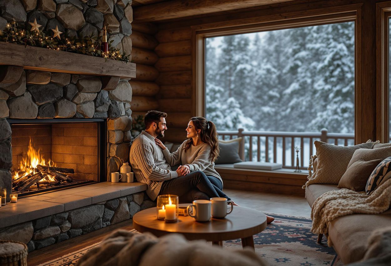 A photograph of a couple snuggling by the fireplace in a rustic cabin in Hocking Hills, Ohio, on a winter evening.