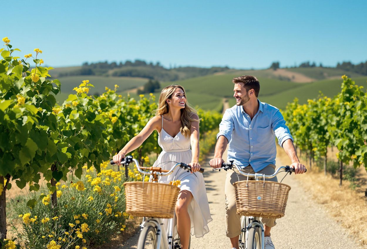 A scenic photograph capturing a romantic couple enjoying a bike ride through a picturesque vineyard in Sonoma Wine Country, California, on a beautiful spring day.
