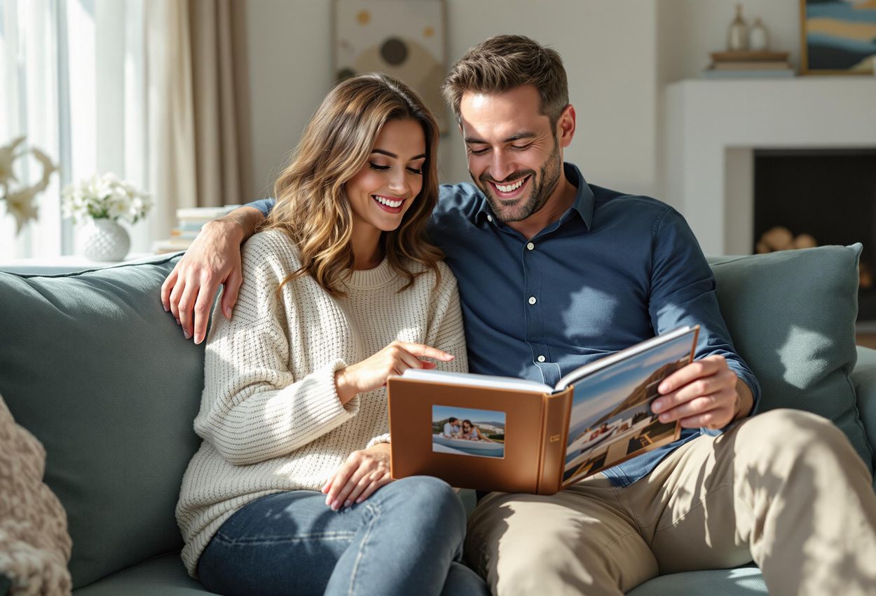 A close-up photograph of a couple looking through a photo album, reliving cherished memories from their romantic vacation. The image captures a moment of joy, nostalgia, and connection.