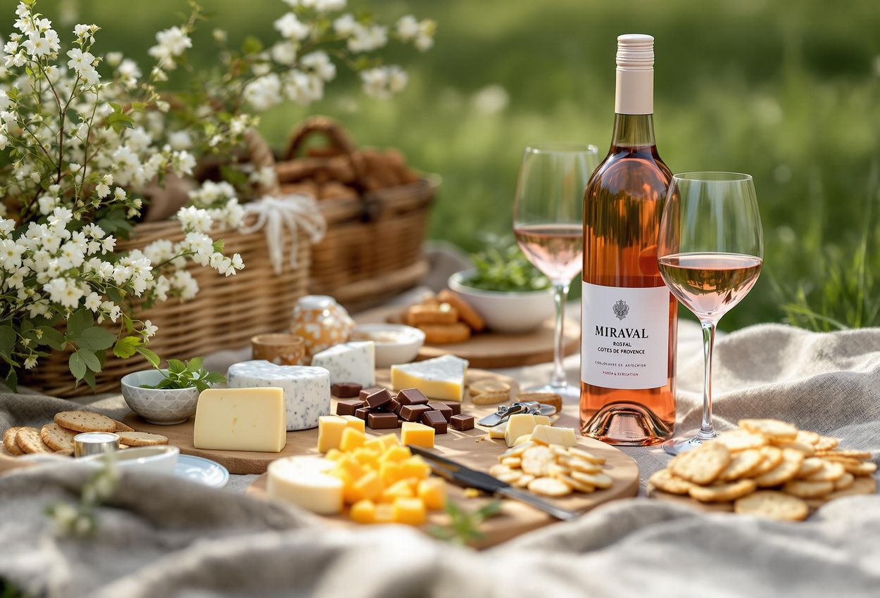 A beautifully composed photograph of a gourmet picnic featuring artisanal chocolates, gourmet cheeses, rustic crackers, and a bottle of rosé wine.