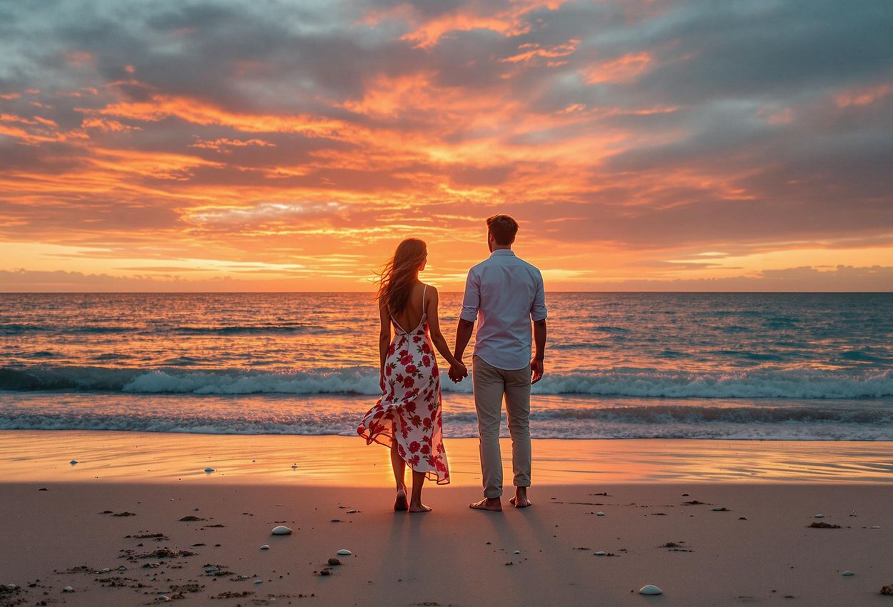 A captivating photograph of a couple watching a vibrant sunset on South Padre Island, Texas. The image captures the beauty of the Gulf Coast and the intimacy of a shared moment.