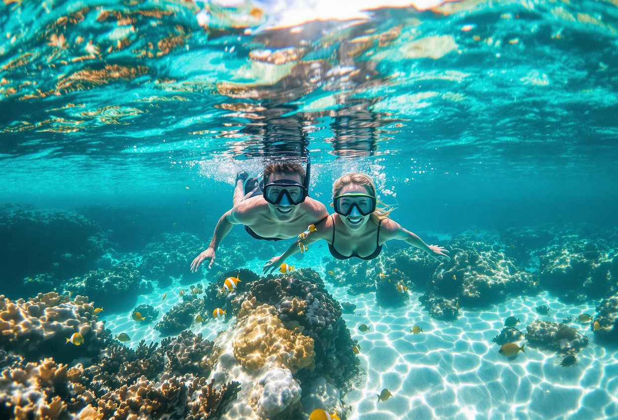 An underwater photograph of a couple snorkeling in the crystal-clear lagoon of Tetiaroa, French Polynesia, surrounded by vibrant coral reefs and colorful marine life.
