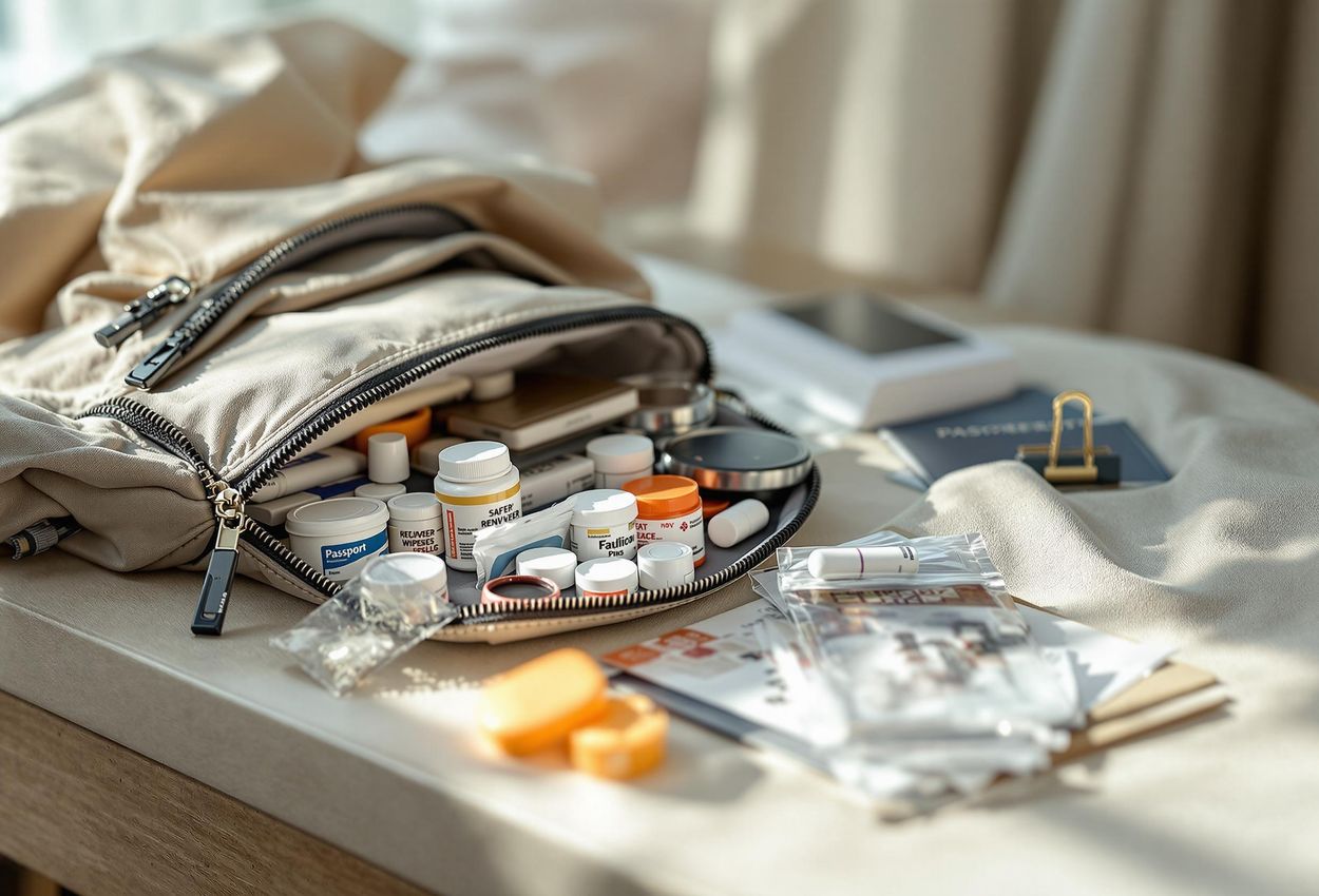 A detailed photograph showcases a thoughtfully arranged travel kit with sewing supplies, stain remover, medications, and document copies, emphasizing preparedness and responsible travel.