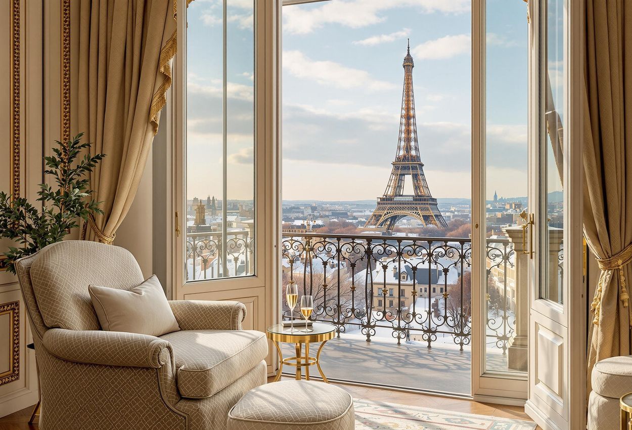 A stunning photograph of a luxurious suite in Paris, featuring a breathtaking view of the Eiffel Tower from a private balcony on a clear winter afternoon.