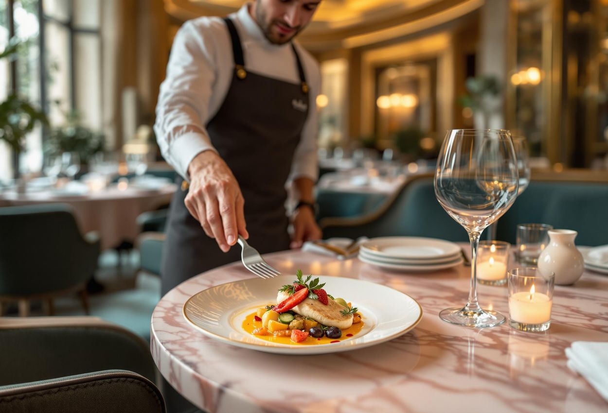 A photograph capturing the luxurious ambiance of Jean Imbert au Plaza Athénée in Paris, showcasing its exquisite decor and Michelin-starred dining experience.
