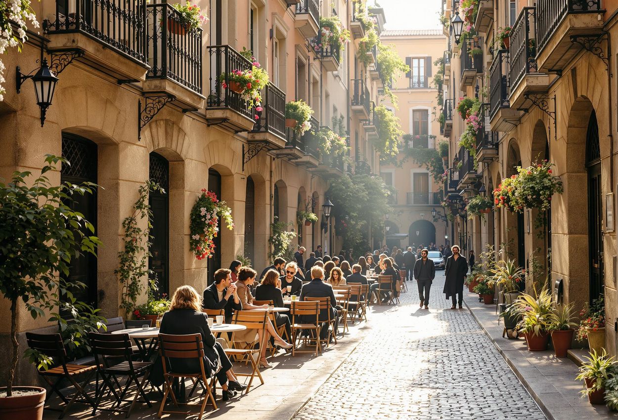 A photograph capturing the intimate atmosphere of a quiet, sunlit courtyard in Barcelona