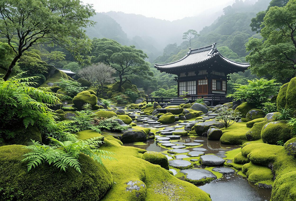 A wide-angle photograph of the serene moss garden at Sanzen-in Temple in Kyoto, featuring moss-covered stones, lush greenery, and a traditional Japanese teahouse nestled amidst a peaceful landscape.