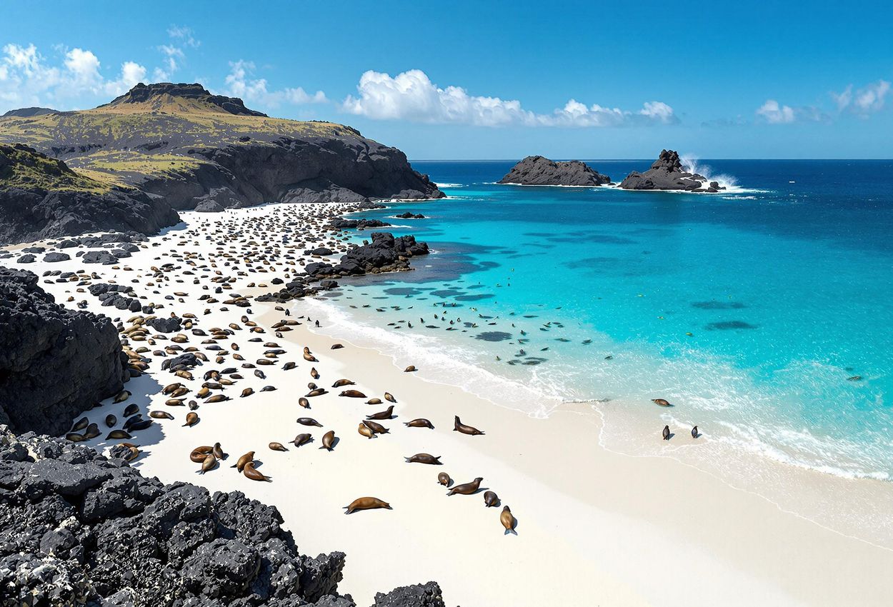 A stunning photograph of Española Island in the Galapagos, showcasing sea lions, blue-footed boobies, volcanic terrain, and crystal-clear waters.