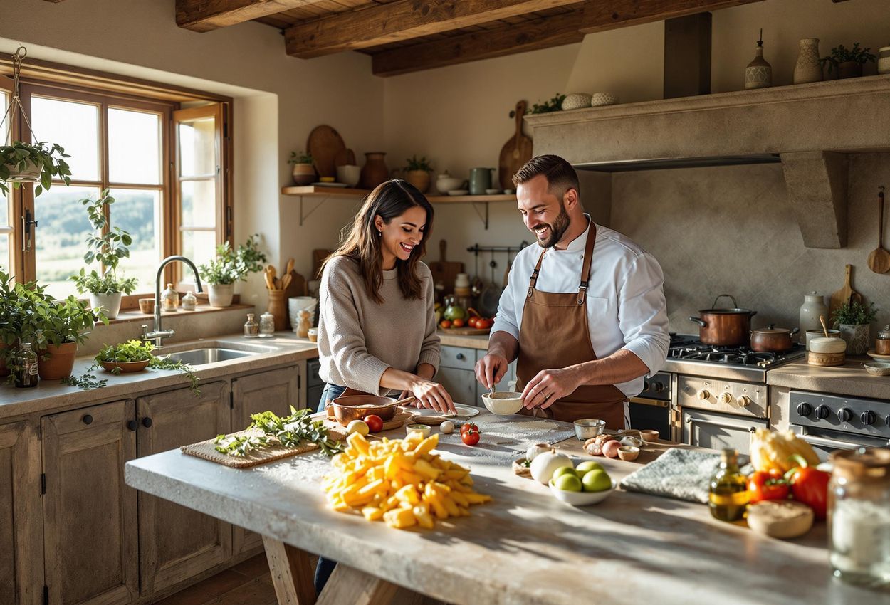 A couple shares a joyful cooking experience in a charming Tuscan kitchen, learning to prepare traditional Italian dishes with a local chef.