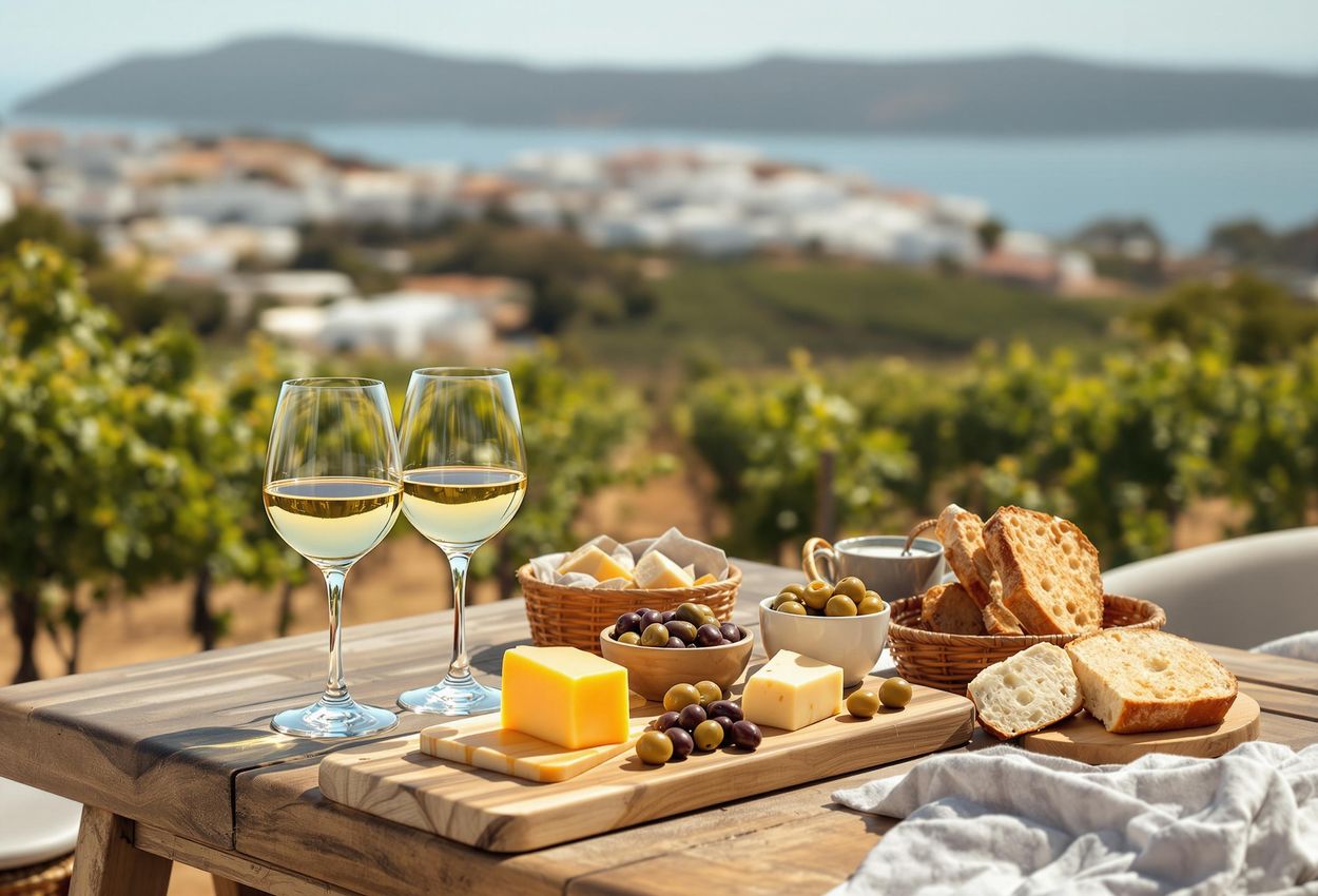 A medium shot captures a wine tasting at Estate Argyros in Megalochori, Santorini. The foreground features a wooden table with wine glasses filled with Assyrtiko wine, along with a selection of local cheeses and olives. In the background, vineyards stretch towards the sea, with the village of Megalochori visible in the distance.