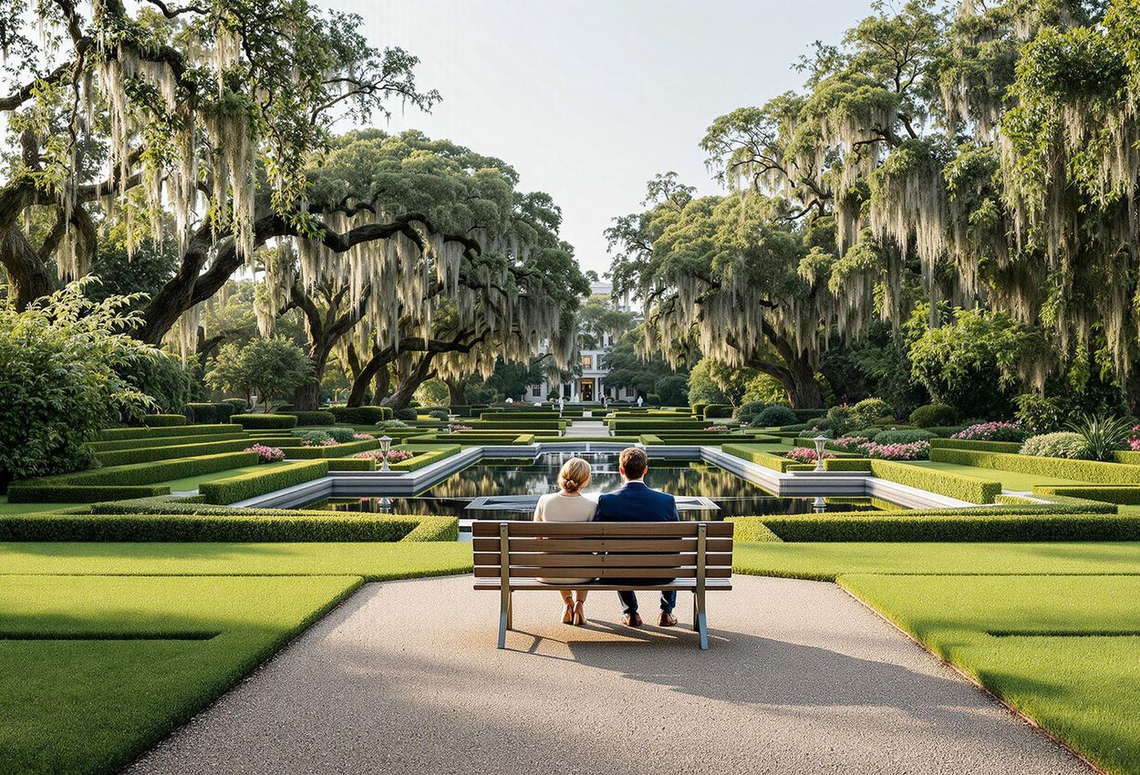 Middleton Place Gardens: A Serene Escape in Charleston A tranquil photograph capturing the beauty of Middleton Place gardens in Charleston, featuring terraced lawns, ancient oak trees, and a couple enjoying the peaceful scenery.