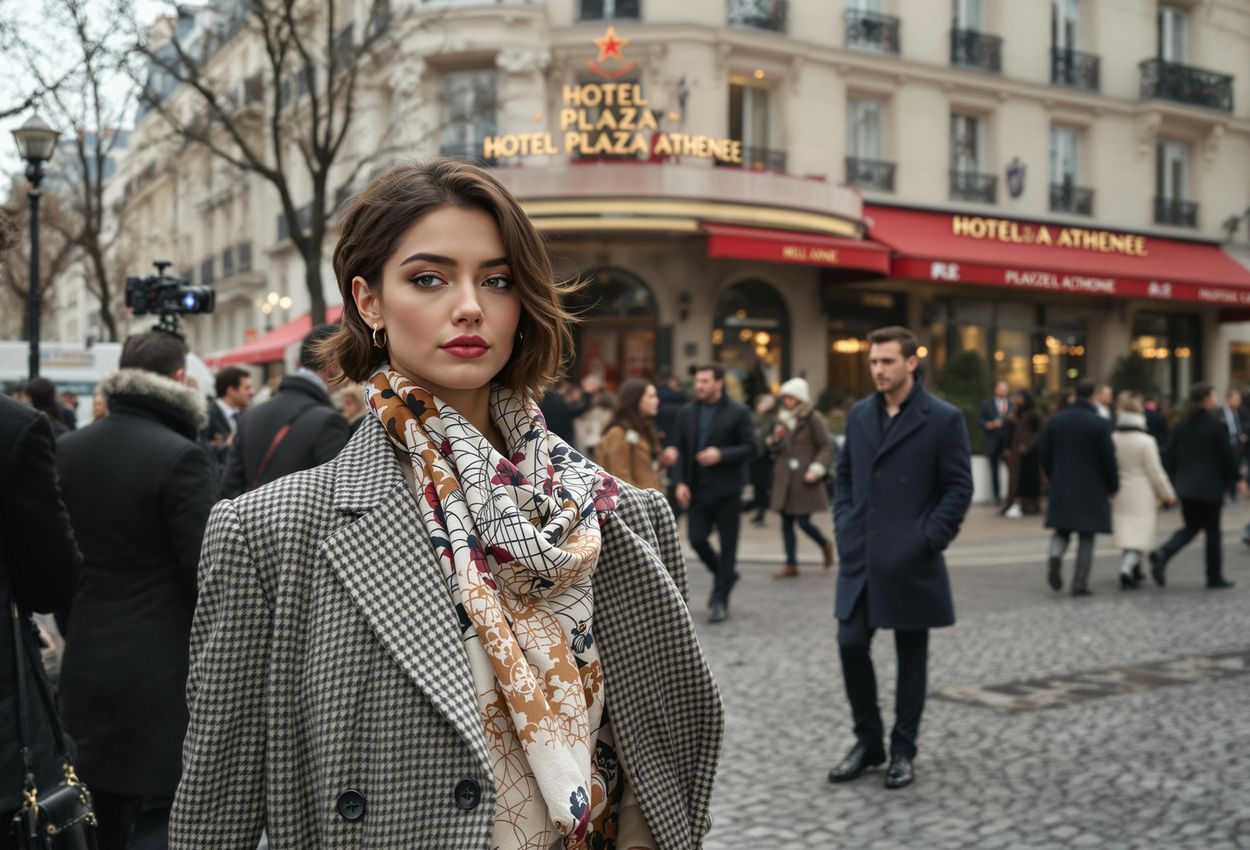A photograph capturing a high-fashion event at the Hôtel Plaza Athénée in Paris. Stylish guests and models are seen arriving, highlighting the hotel