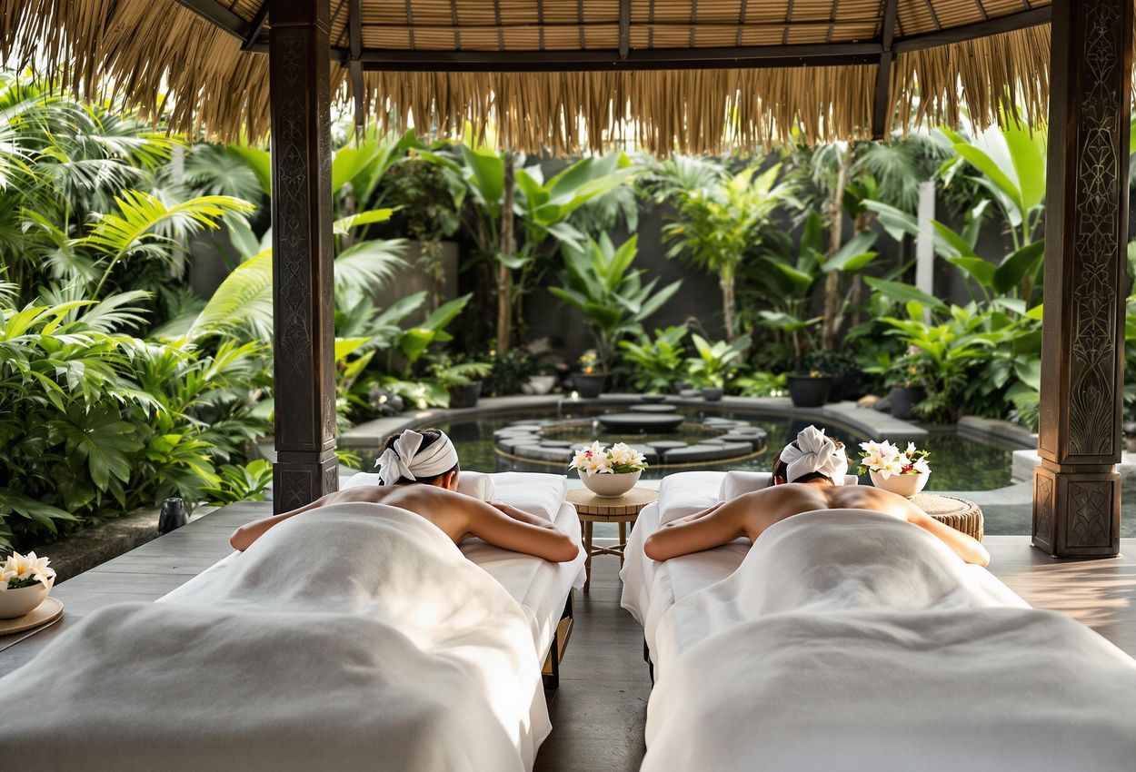 A serene photograph capturing a couple receiving a massage at a luxurious spa in Bali. The image showcases the tranquil atmosphere and lush surroundings of a Balinese wellness retreat.