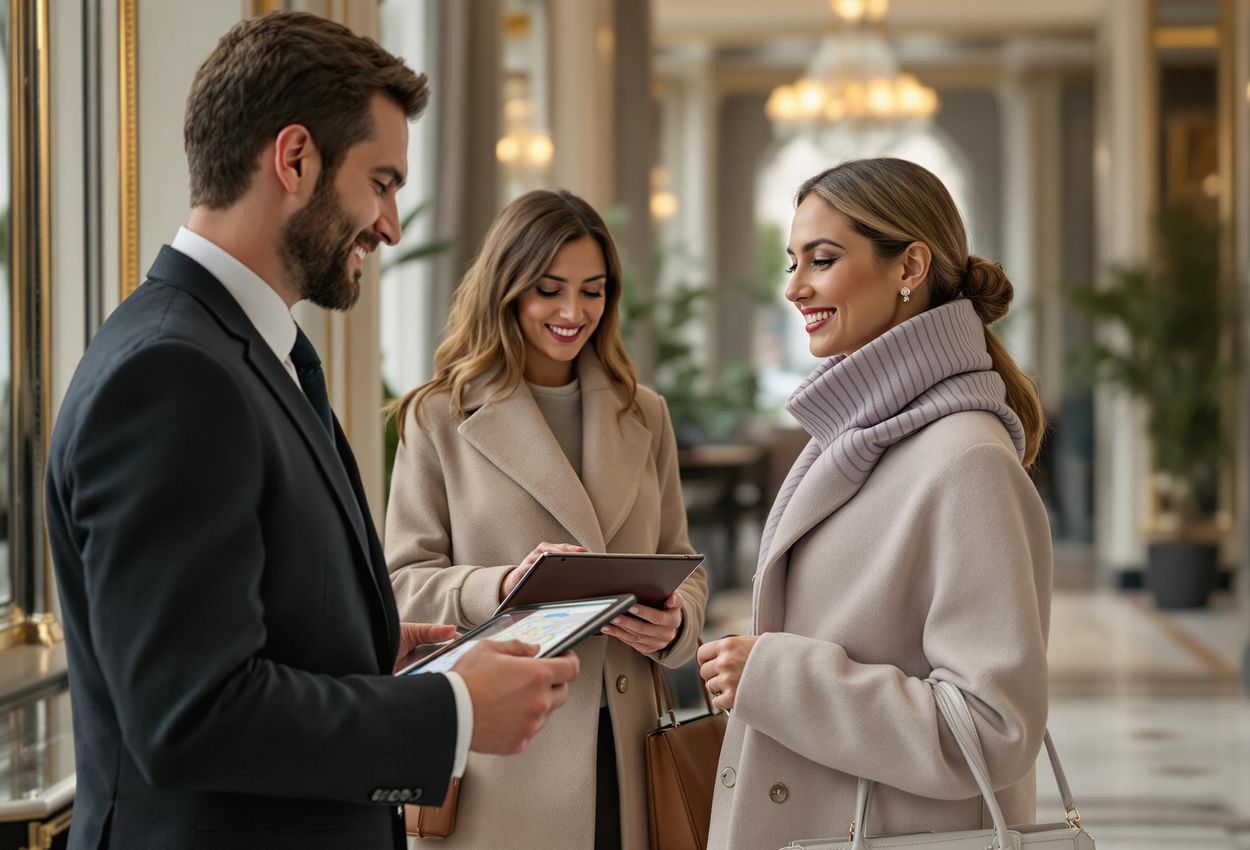 A concierge at the Hôtel Plaza Athénée in Paris assists a guest with recommendations, showcasing the hotel