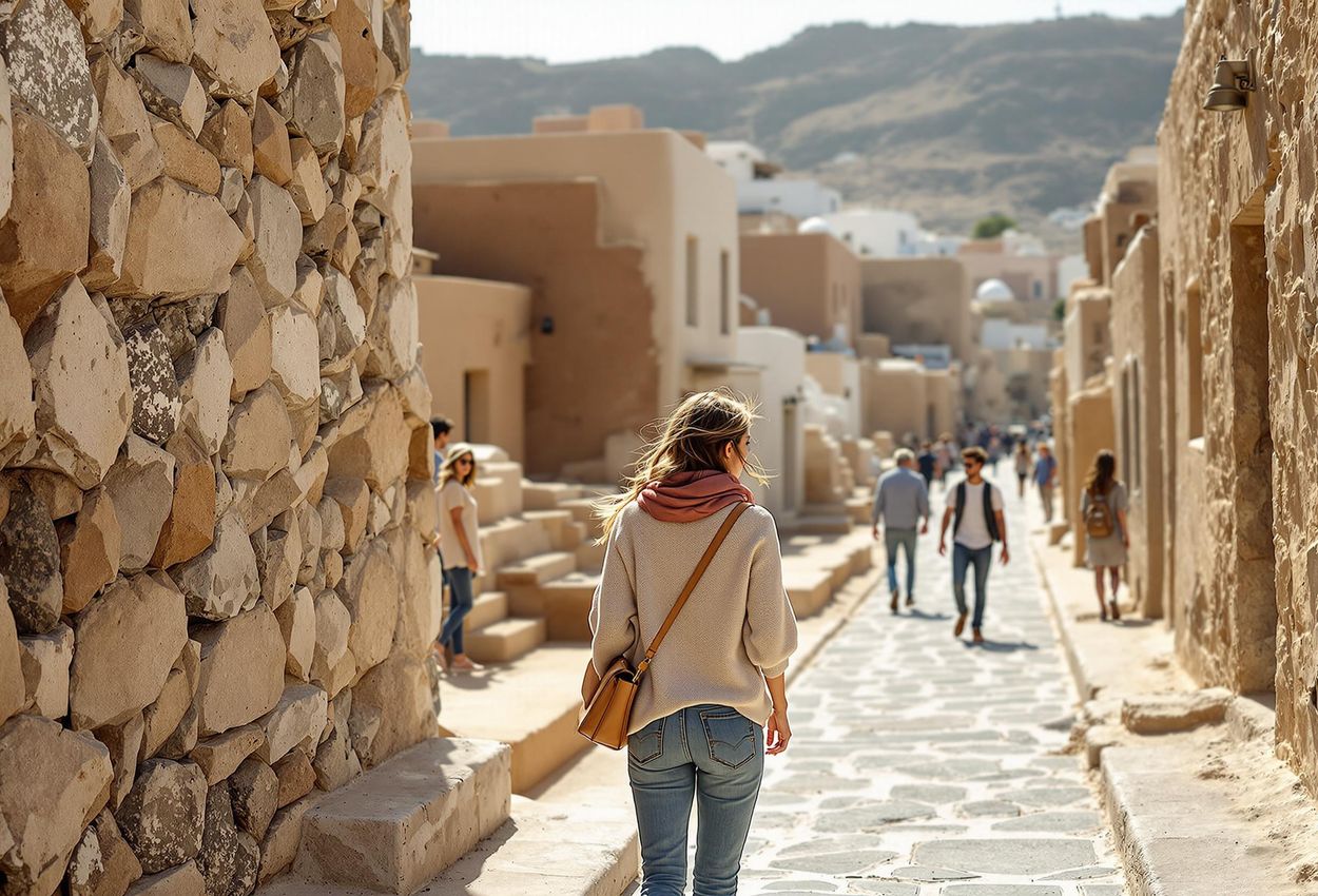 A medium shot of a tourist walking through the ancient streets of the Akrotiri Archaeological Site in Santorini. The foreground features the ancient streets of Akrotiri, with multi-story buildings and intricate drainage systems visible on either side.
