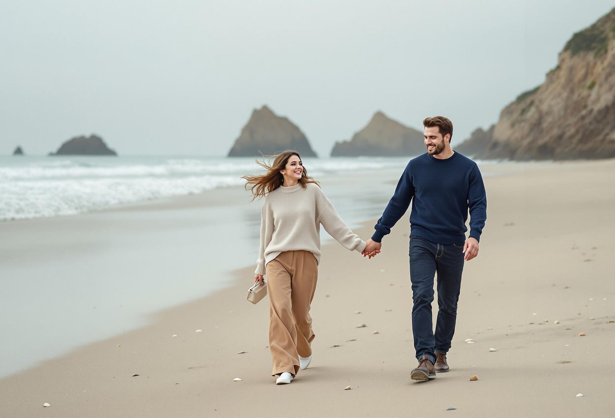 A serene photograph of a couple walking hand-in-hand on a deserted beach during the off-season, capturing a moment of intimacy and tranquility.