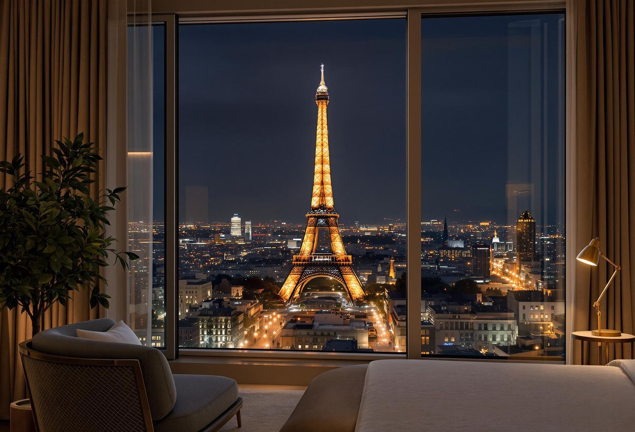 A captivating photograph showcasing the iconic Eiffel Tower illuminated at night, as seen from a beautifully appointed luxury hotel suite in Paris. The scene captures the essence of Parisian elegance and romantic escapism.