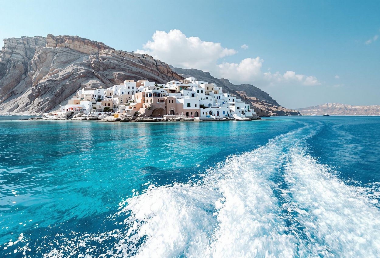 A wide-angle photograph captures the serene island of Thirasia from a boat, showcasing its whitewashed buildings, rugged cliffs, and the clear turquoise waters of the Aegean Sea.
